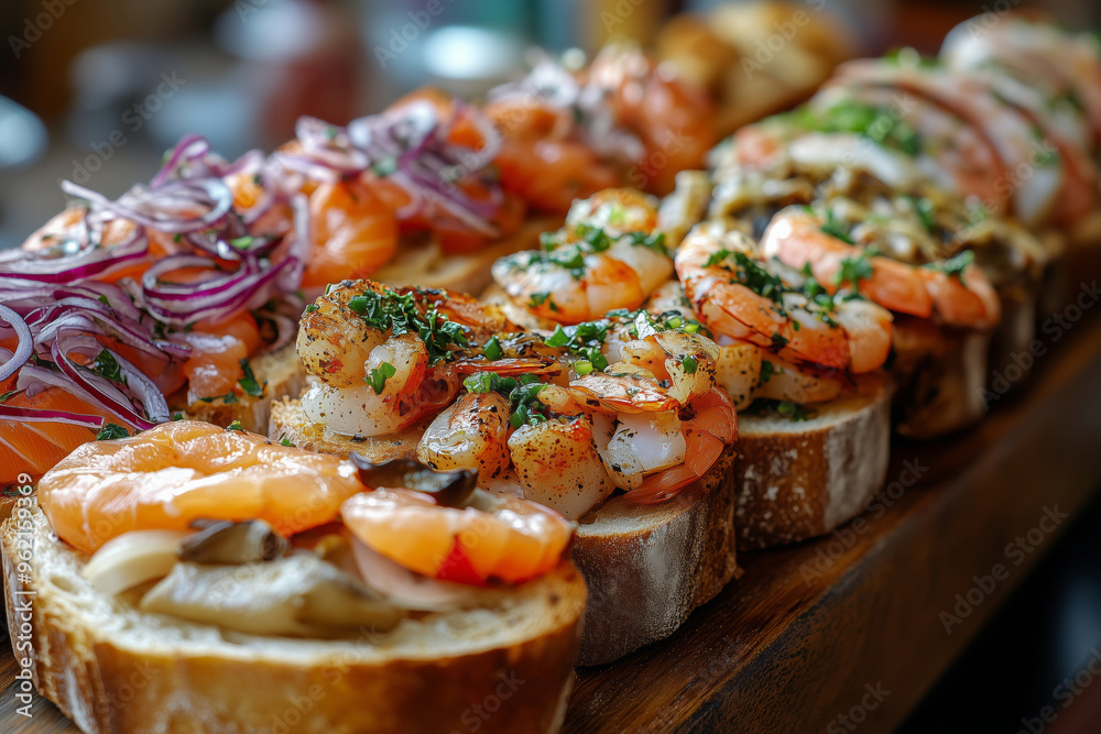 Discover the vibrant flavors of Basque pinchos served on freshly baked bread enjoyed during a lively evening gathering Discover the vibrant flavors of Basque pinchos served on freshly baked bread enjoyed during a lively evening gathering