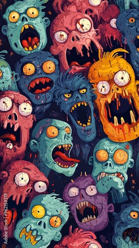 A lively and grotesque depiction of various zombie heads, each with exaggerated and colorful cartoonish features, creating a blend of horror and humor in this illustration. photo