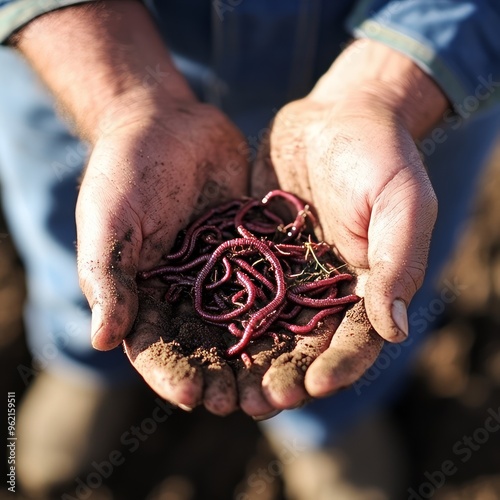 Closeup of hands holding a pile of red worms in dirt.