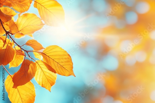 Autumn Background with Blurred Leaves and Sun Rays on Blue Sky. AI generated illustration