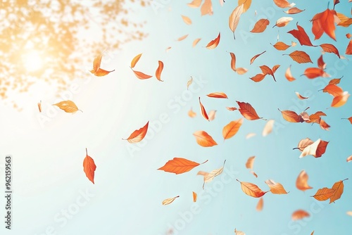 Autumn Leaves Falling in the Air with Light Blue Background. AI generated illustration