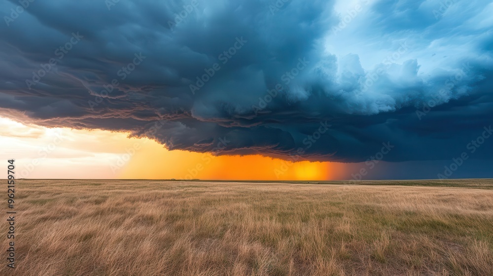 Sun setting behind a line of thunderstorms on the horizon, dramatic weather, contrast of light and dark Sun setting behind a line of thunderstorms on the horizon, dramatic weather, contrast of light and dark