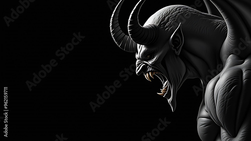 Angry devil profile with copy space for text - black background - yelling, shouting, screaming - god of evil - hell concept art - Leviathan, Astaroth, Mammon, Baal photo