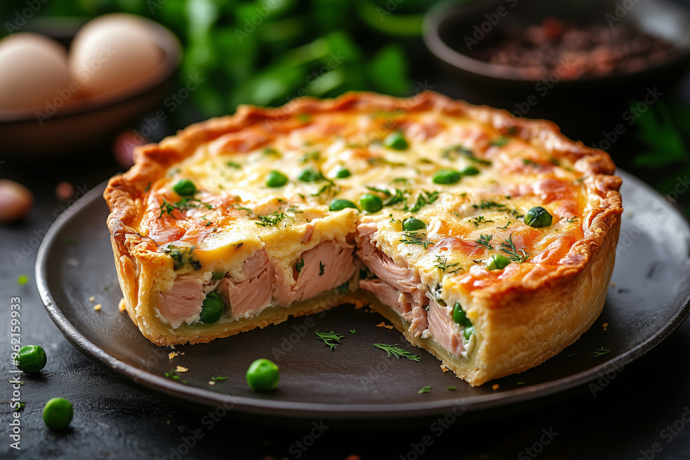 Indulging in a classic quiche Lorraine with tuna and fresh greens, perfect for a delightful brunch gathering with friends Indulging in a classic quiche Lorraine with tuna and fresh greens, perfect for a delightful brunch gathering with friends