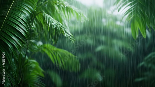 Tropical rain shower over a dense jungle, wet weather, lush and vibrant