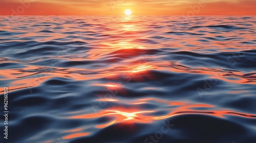 The sun sets over the ocean creating a fiery glow on the rippling water.