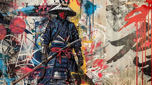 A digital artwork that blends the aesthetics of Japanese ukiyo-e prints with modern street art, featuring a samurai in a contemporary urban setting, surrounded by vibrant graffiti