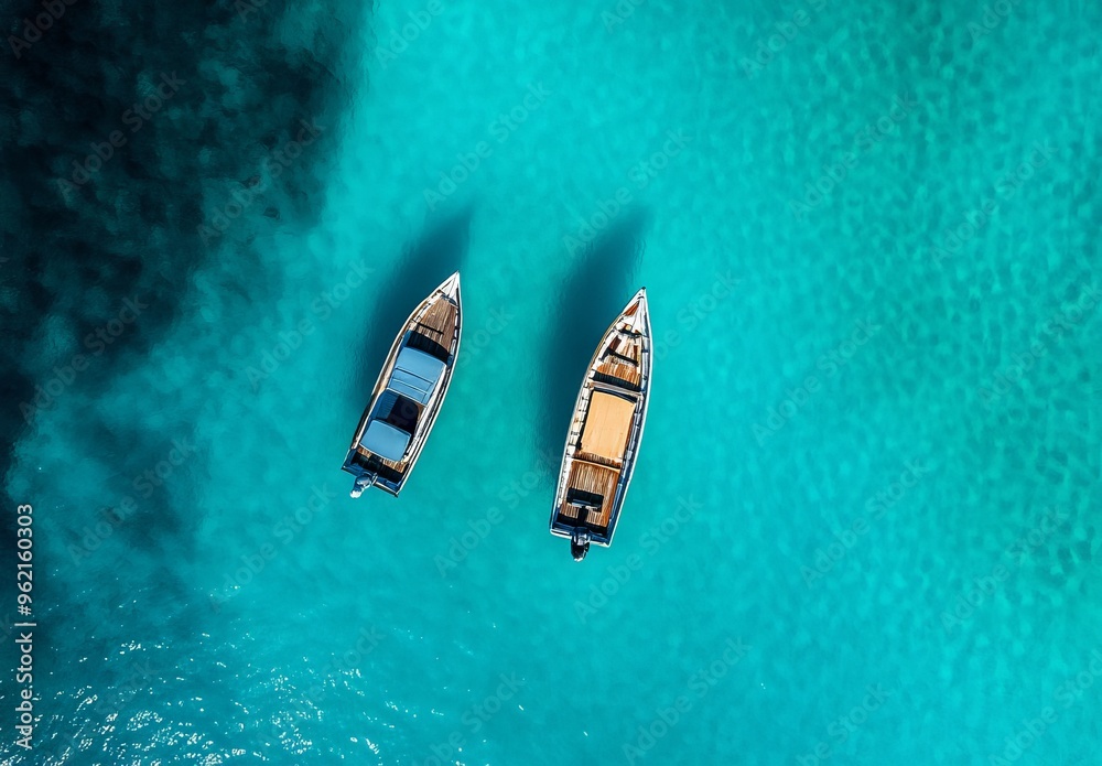 Fototapeta premium Aerial Drone Shot of Two Boats on Turquoise Sea with National Geographic Precision. AI generated illustration