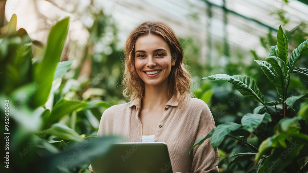 A smiling woman with a laptop, standing amidst green plants in a large greenhouse. She turns to face the camera, showcasing the blend of technology and nature in her daily work. Ai generated A smiling woman with a laptop, standing amidst green plants in a large greenhouse. She turns to face the camera, showcasing the blend of technology and nature in her daily work. Ai generated