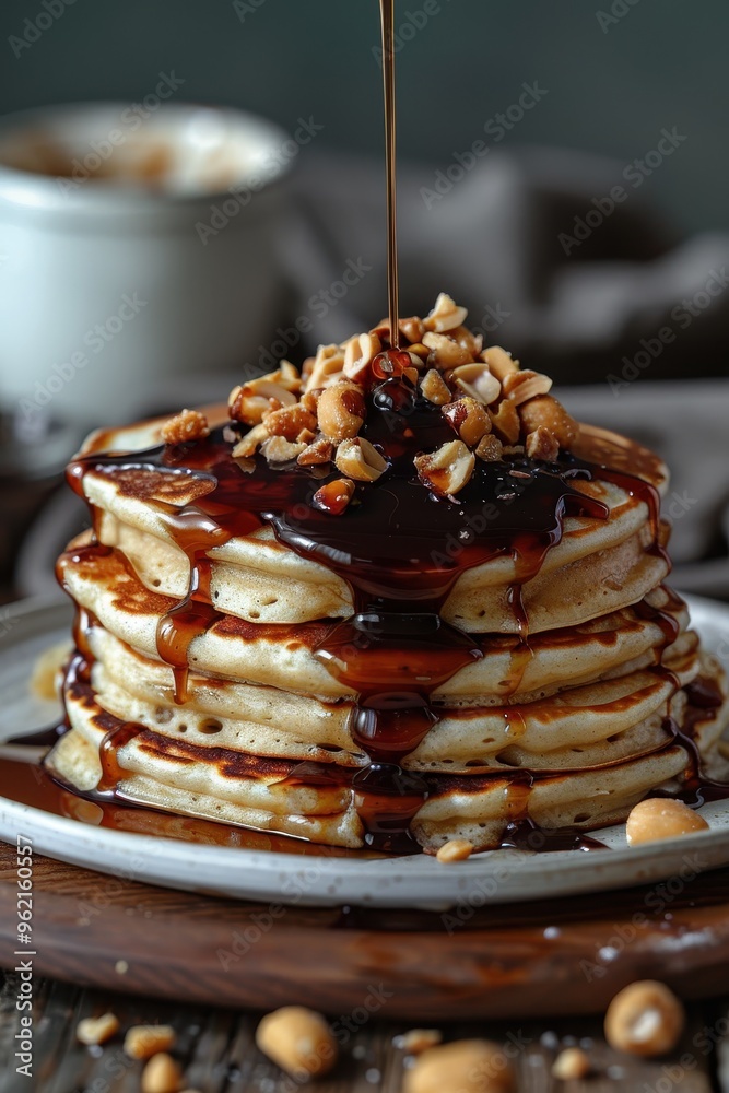 Delicious Pancake Stack with Syrup and Nuts Delicious Pancake Stack with Syrup and Nuts