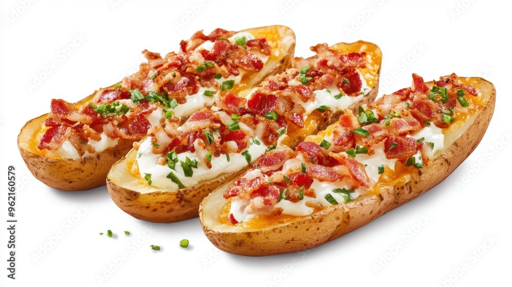 Delicious loaded potato skins with bacon cheese on white background Delicious loaded potato skins with bacon cheese on white background