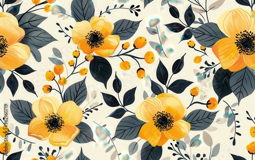 Floral Pattern, Yellow Flowers and Gray Leaves