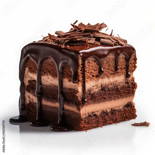 Decadent Chocolate Cake: Indulge in a close-up of a rich, decadent chocolate cake, layered with creamy filling and topped with a generous drizzle of chocolate ganache. The perfect image to evoke feeli