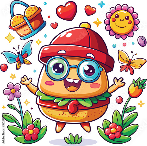 Cute Cartoon fast food with Santa hat, butterflies, heart, glasses, Flower  on white background. Vector illustration.