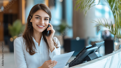 An upbeat hotel receptionist, engaged in a phone conversation and organizing paperwork, exuding professionalism. Ai generated