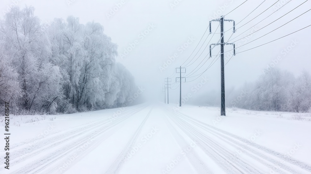 Ice storm covering trees and power lines with a layer of ice, freezing weather, dangerous beauty Ice storm covering trees and power lines with a layer of ice, freezing weather, dangerous beauty