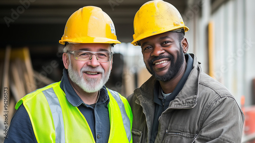 Building contractor and construction worker sharing a proud moment at a construction site, both in safety gear and with joyful expressions, looking at the camera. Ai generated