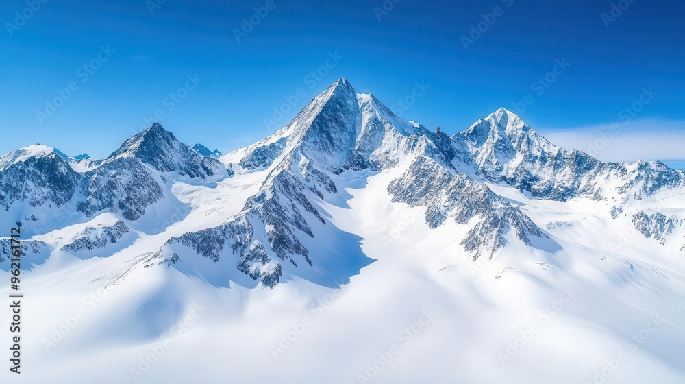 Snow-capped mountains under a clear blue sky, winter weather, cold and majestic Snow-capped mountains under a clear blue sky, winter weather, cold and majestic