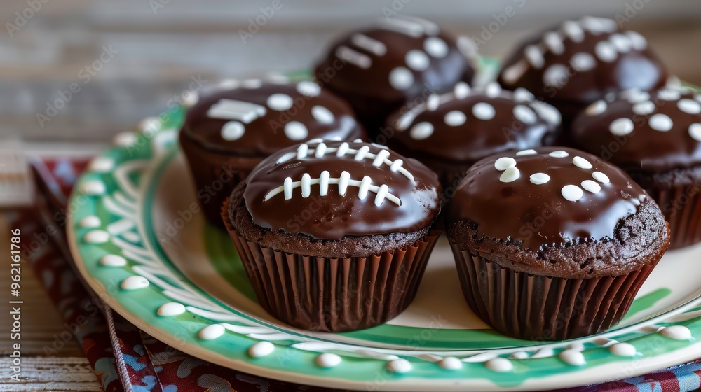 A close up of six chocolate cupcakes with white frosting and football designs on top, on a green and white plate. A close up of six chocolate cupcakes with white frosting and football designs on top, on a green and white plate.