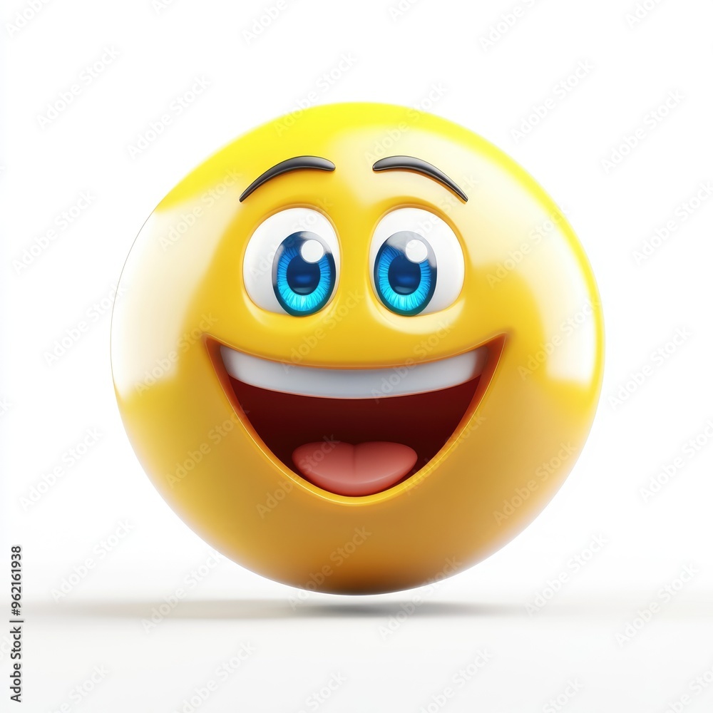 Fototapeta premium A joyful yellow smiley face with bright blue eyes radiates happiness and positivity, set against a clean white background, inviting smiles and laughter to all who see it