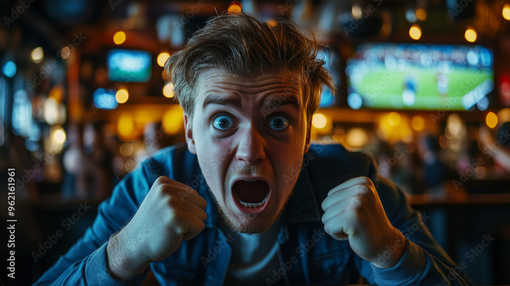 Close-up of a young sports fan in a pub, leaning forward with wide eyes and clenched fists, as they watch a critical moment in a sports match on TV. Ai generated Close-up of a young sports fan in a pub, leaning forward with wide eyes and clenched fists, as they watch a critical moment in a sports match on TV. Ai generated