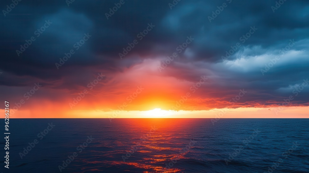Sun setting behind a line of thunderstorms on the horizon, dramatic weather, contrast of light and dark Sun setting behind a line of thunderstorms on the horizon, dramatic weather, contrast of light and dark