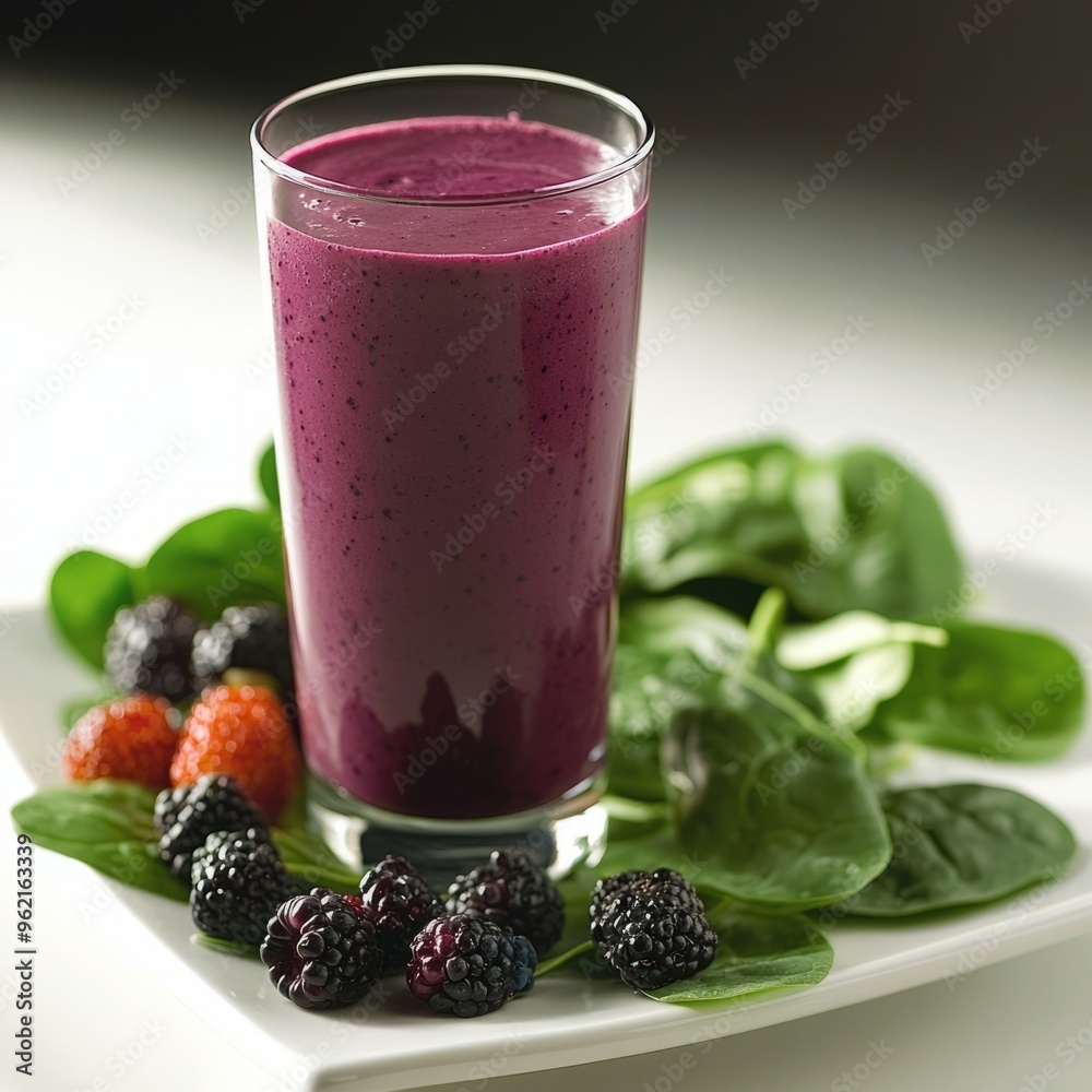 Glass of purple smoothie with blackberries and spinach leaves on a white plate.
