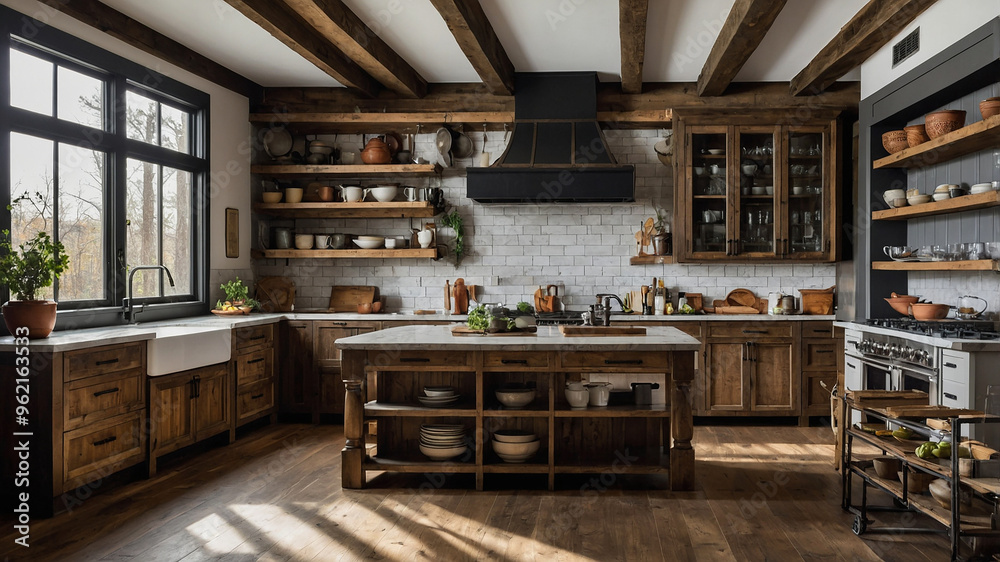 A Warm, Rustic Kitchen With Wooden Beams, Farmhouse-style Cabinets, And Vintage Appliances A Warm, Rustic Kitchen With Wooden Beams, Farmhouse-style Cabinets, And Vintage Appliances