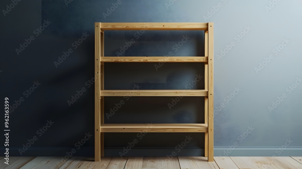 Empty wooden shelf unit against a blue wall. Empty wooden shelf unit against a blue wall.