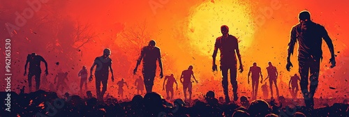 Silhouettes of grotesque zombies stagger against a blazing orange-red background, creating a haunting and intense visual that encapsulates the essence of the horror genre.