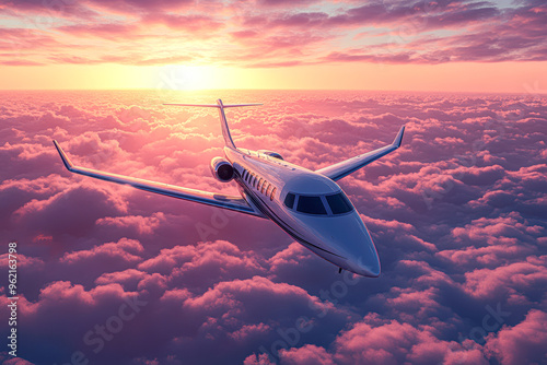 A white jet plane flying through a pink sky