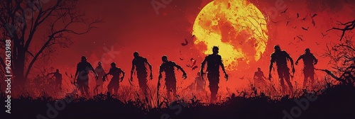 A group of silhouetted zombies march toward the viewer under a bright, eerie full moon in an ominous red and orange night sky, creating a terrifying and suspenseful atmosphere. photo