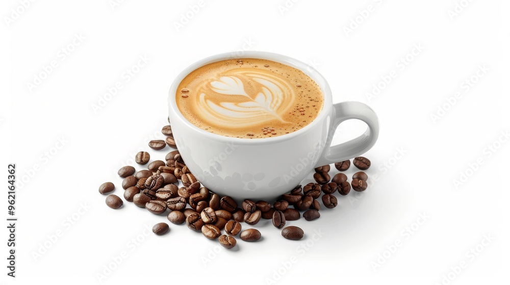 Fototapeta premium Coffee Cup with Latte Art and Beans Isolated on White