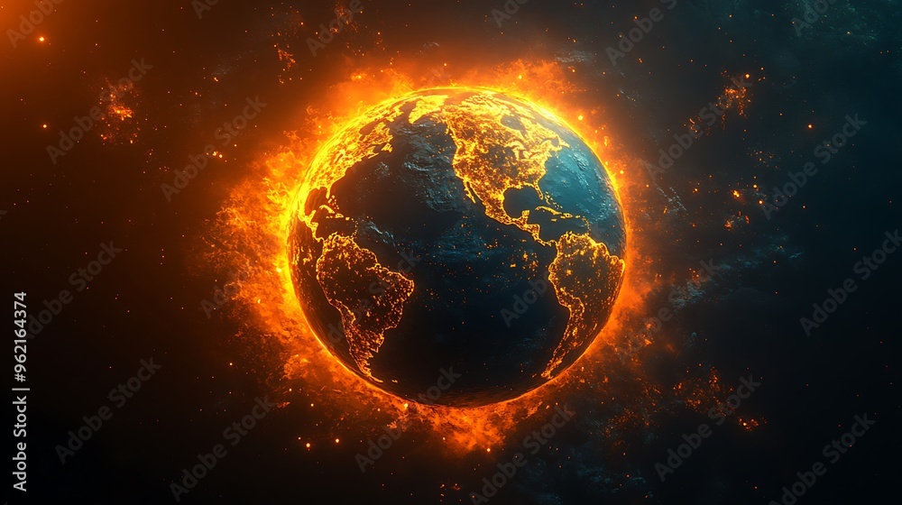 Obraz premium A fiery, burning Earth in a dark space.