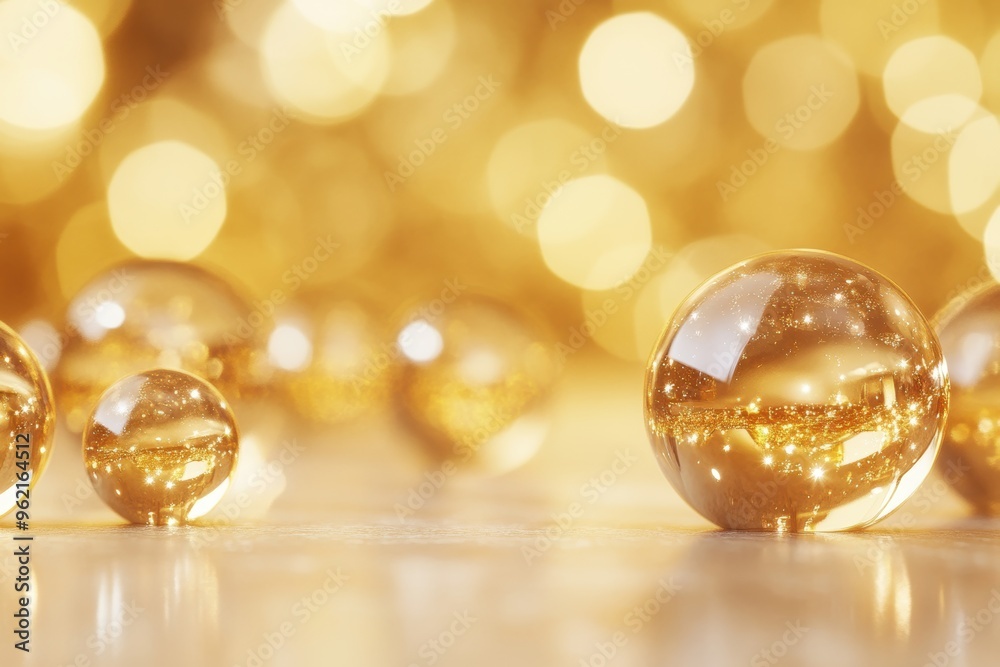 Golden shimmer with elegant glass spheres on bright background Golden shimmer with elegant glass spheres on bright background