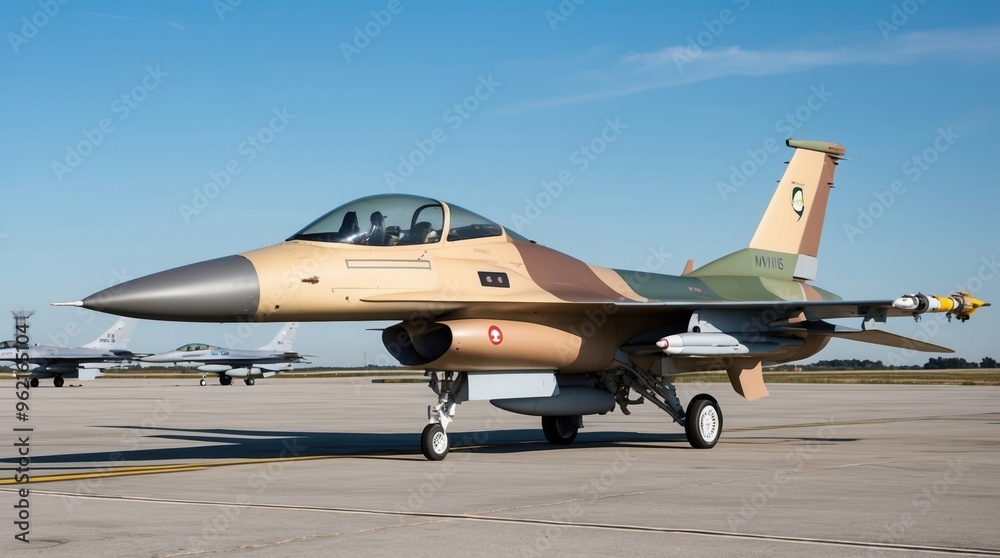 Fototapeta premium A sleek military jet f 16 is positioned on the tarmac, ready for departure. Nearby, additional aircraft await their turn, emphasizing the bustling atmosphere of a modern airbase