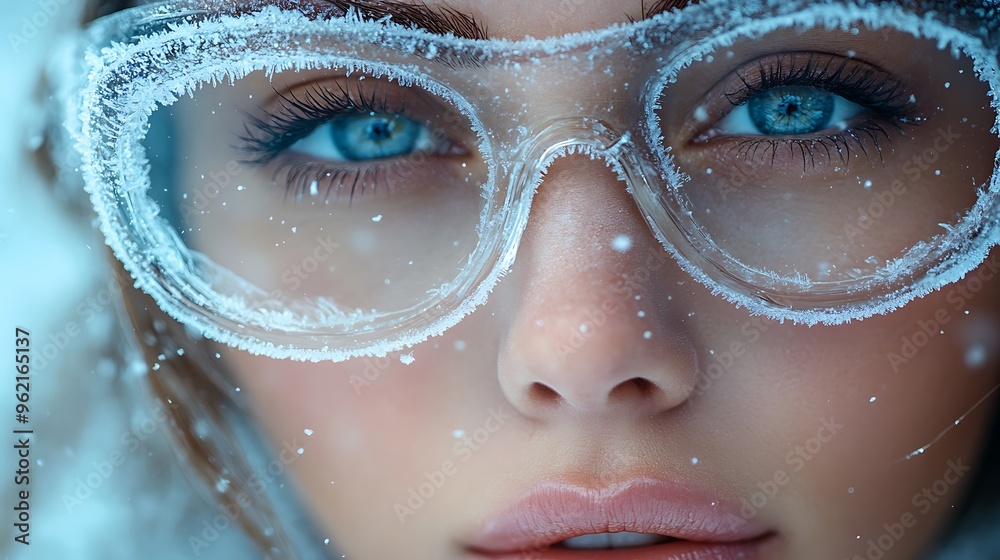 Close-up of woman's face with frosty eyeglasses.