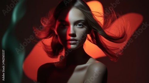 A young woman stands gracefully, her hair swirling around her as bold red light casts dramatic shadows, creating an enchanting and striking atmosphere
