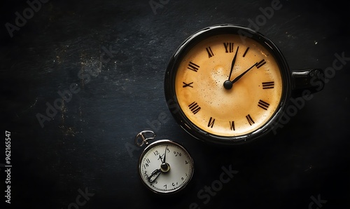 Coffee Cup with Clock Face and Pocket Watch on Dark Background