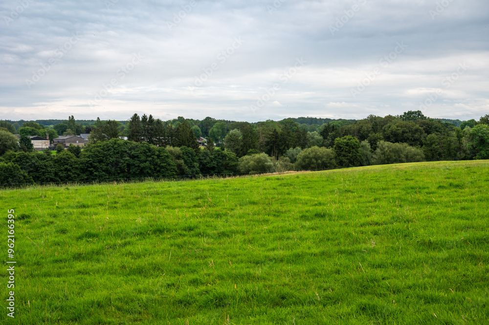 Obraz premium Green hills and meadows at the Belgian countryside with the Chateau Thor in the background, Lontzen, Belgium