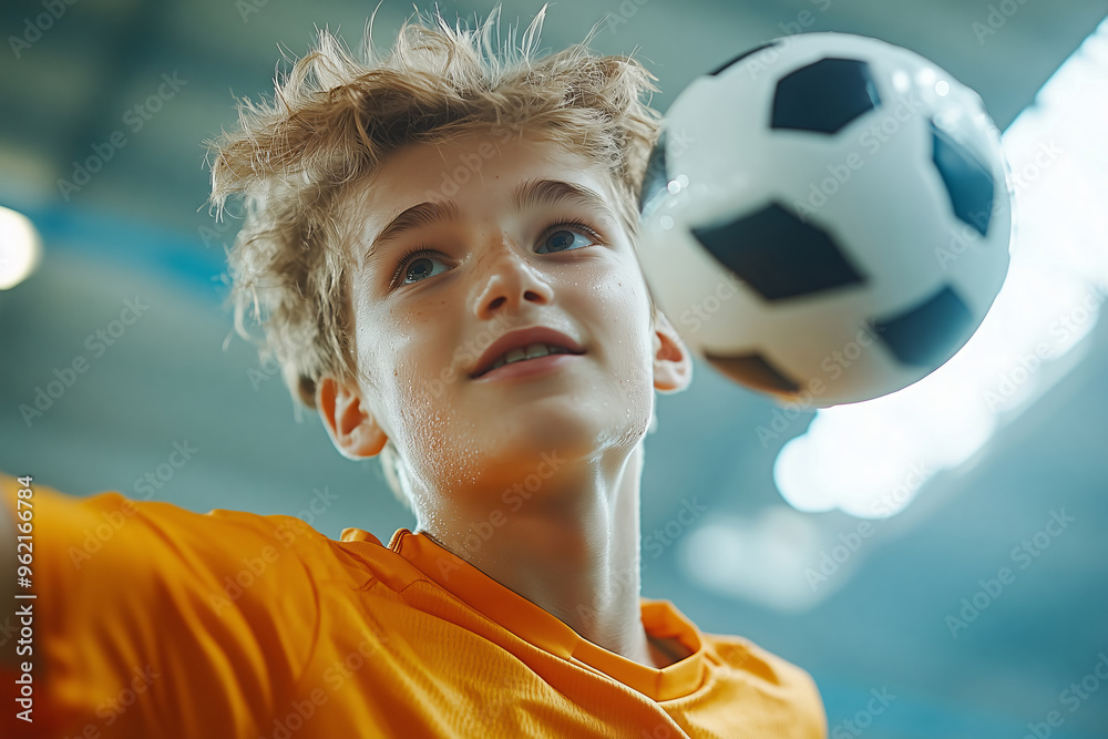 A young indoor soccer player skillfully throws the ball while focused on the game in an energetic atmosphere A young indoor soccer player skillfully throws the ball while focused on the game in an energetic atmosphere