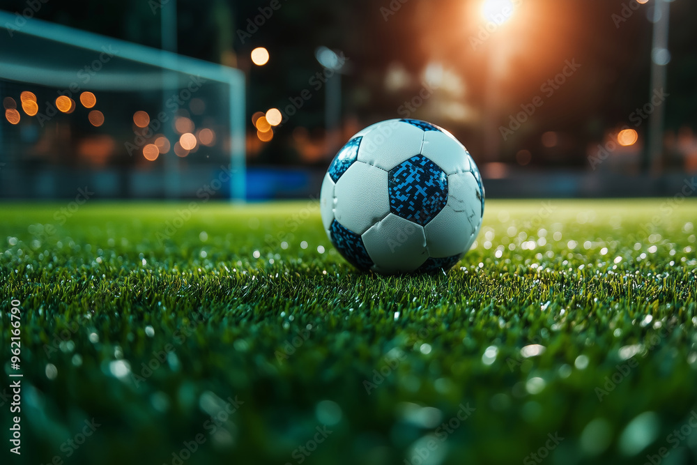 Fototapeta premium A classic soccer ball rests on bright artificial turf under shimmering lights at night, evoking the thrill of the game
