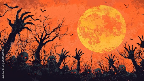 Zombie hands emerging from the ground against the backdrop of a large orange full moon and barren, creepy trees, immersed in a terrifying and eerie vibe.