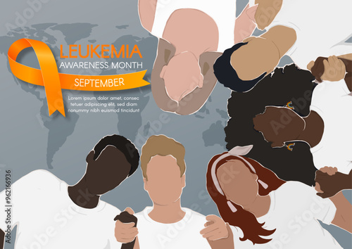 Leukemia Awareness Month. Horizontal banner with an orange ribbon, space for text, and diverse people holding hands. Vector flat illustration.