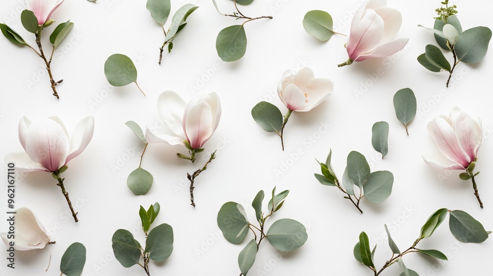 Fototapeta premium A circle of magnolia flowers and eucalyptus leaves, arranged delicately in a floating pattern, suspended on a stark white background, glowing softly