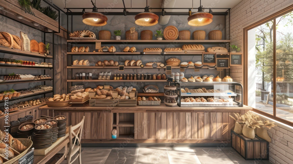 A rustic bakery interior with wooden shelves stocked with fresh bread, pastries, and other baked goods. The shop is bright and inviting, with natural light streaming in from the window. A rustic bakery interior with wooden shelves stocked with fresh bread, pastries, and other baked goods. The shop is bright and inviting, with natural light streaming in from the window.