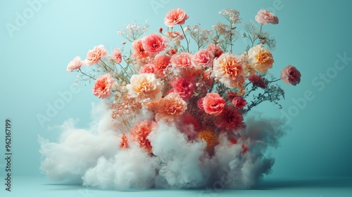 An explosion of autumn-colored flowers bursts forth, intertwined with soft clouds, creating a striking visual contrast against a serene blue background in a high-resolution setting.