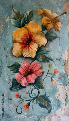 Vibrant floral mural featuring hibiscus flowers against a textured blue background, showcasing artistic detail and color contrasts. photo