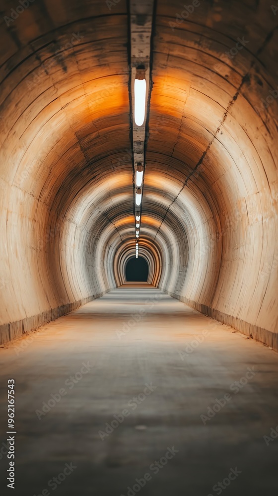 Fototapeta premium Perspective view of an illuminated concrete tunnel.