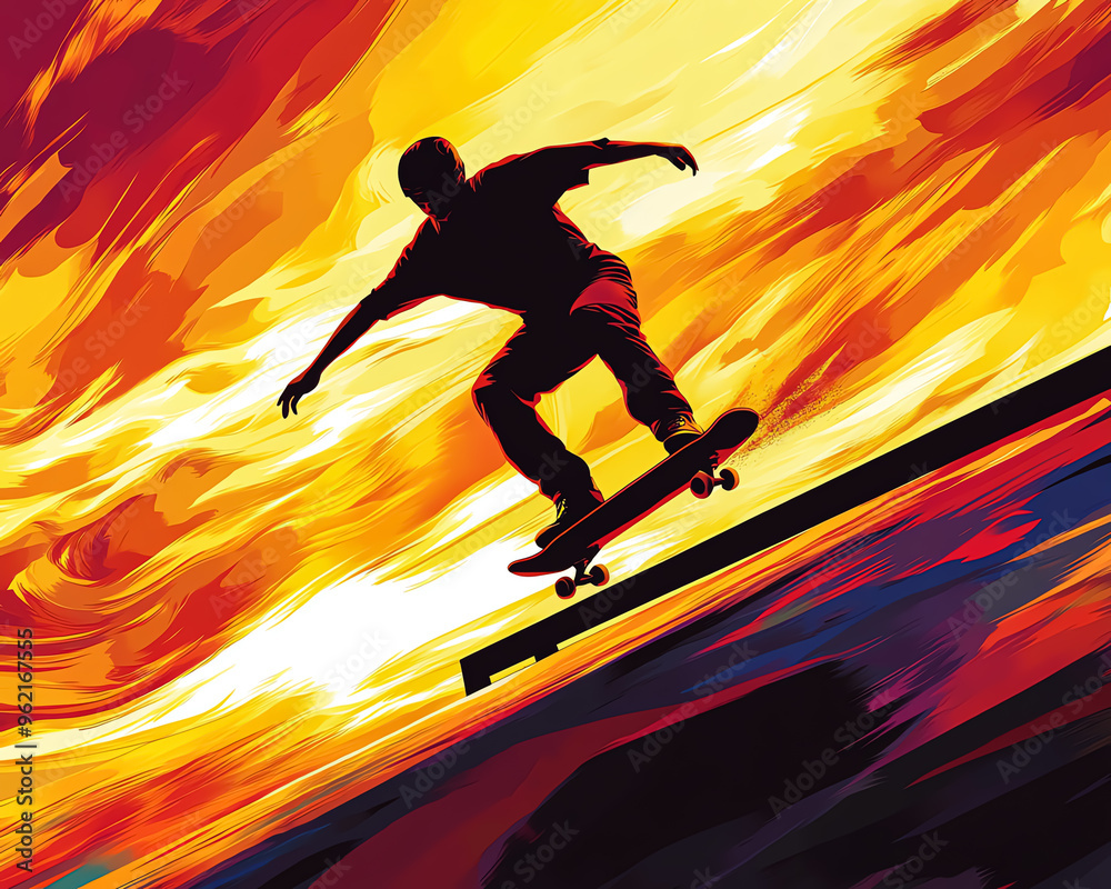 Silhouette of a skateboarder performing a trick against a fiery sunset sky. Silhouette of a skateboarder performing a trick against a fiery sunset sky.